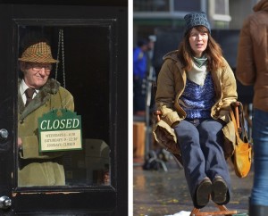 (L) Actor Richard Jenkins looks out the front door of the 'Village Pharmacy,' set inside the Passports restaurant building on Main Street in Gloucester. (MIKE SPRINGER/Gloucester Daily Times) (R) Dressed for winter, actress Rosemarie DeWitt sits on a chair on the set of "Olive Kitteridge" on Main Street in Gloucester yesterday. DeWitt is known for her work on a number of TV series and for her performance in the title role of the 2008 Jonathan Demme film "Rachel Getting Married." (MIKE SPRINGER/Gloucester Daily Times) 