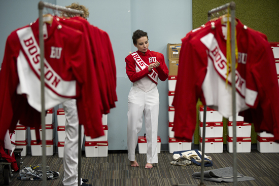 Flutist Ava Mack (CAS’17) finds a marching band uniform that fits just right prior to shooting a scene in "Black Mass".