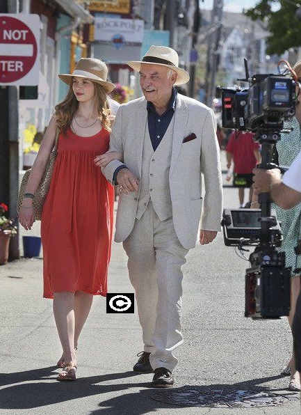 German  actors Emilia Bernsdorf and Charles Brauer, who play granddaughter and grandfather  in the German television film "Home Alone Mom", act in a scene filmed  Monday on Bearskin Neck in Rockport  (MIKE SPRINGER/Staff photo)