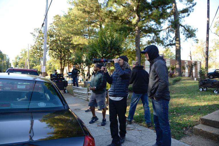 Memphis moviemaking champion Tom Shadyac sets up a shot of Brian Banks with DP Ricardo Diaz. Photograph by Katherine Bombay.