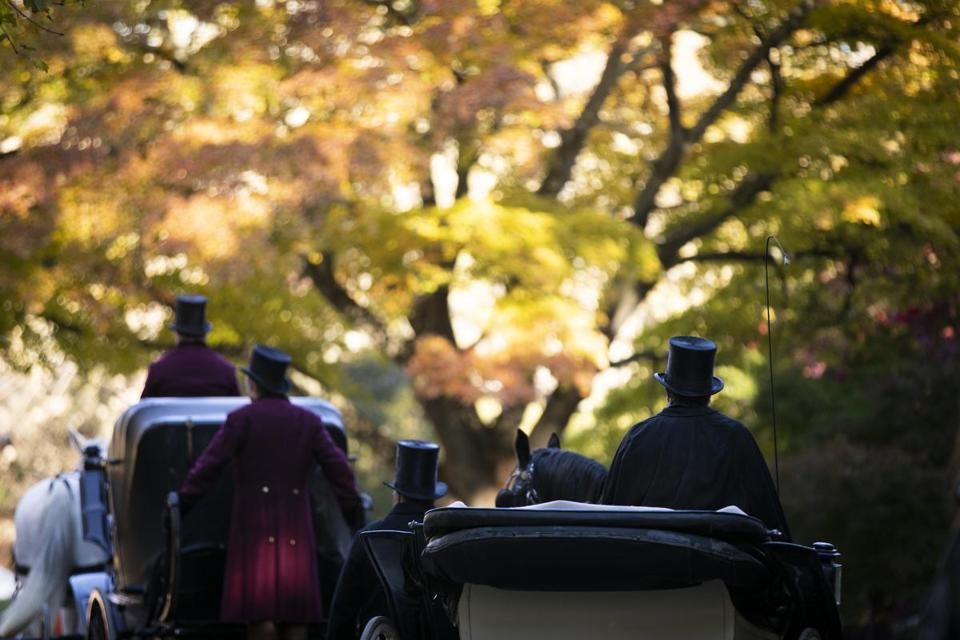 Extras in horse-drawn carriages on the set of “Little Women” in the Arnold Arboretum. (STEPHANIE MITCHELL/HARVARD STAFF PHOTOGRAPHER)