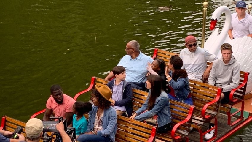 Kevin Hart taking a swan boat ride in Boston Public Garden for the filming of "Fatherhood."	–Kevin Slane/Boston.com Staff