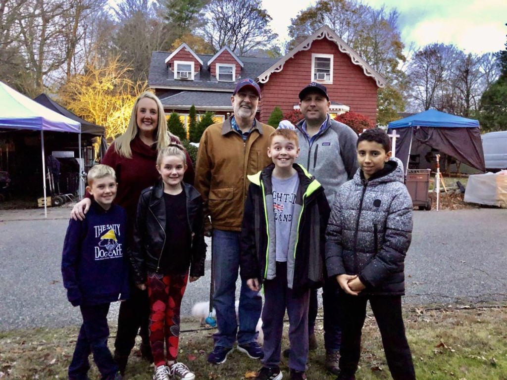 From Left: Back row: Town Selectwoman Leah Gibson, Selectman Chairman Mark Elfman, Joe Piasecki location scout and assistant location manager. Front row: David and Leighton Sherlock (Leah Gibson's children), Liam Conz and Adam Taj